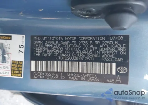 2008 Toyota Prius z USA, uszkodzony, nr VIN JTDKB20U387812591